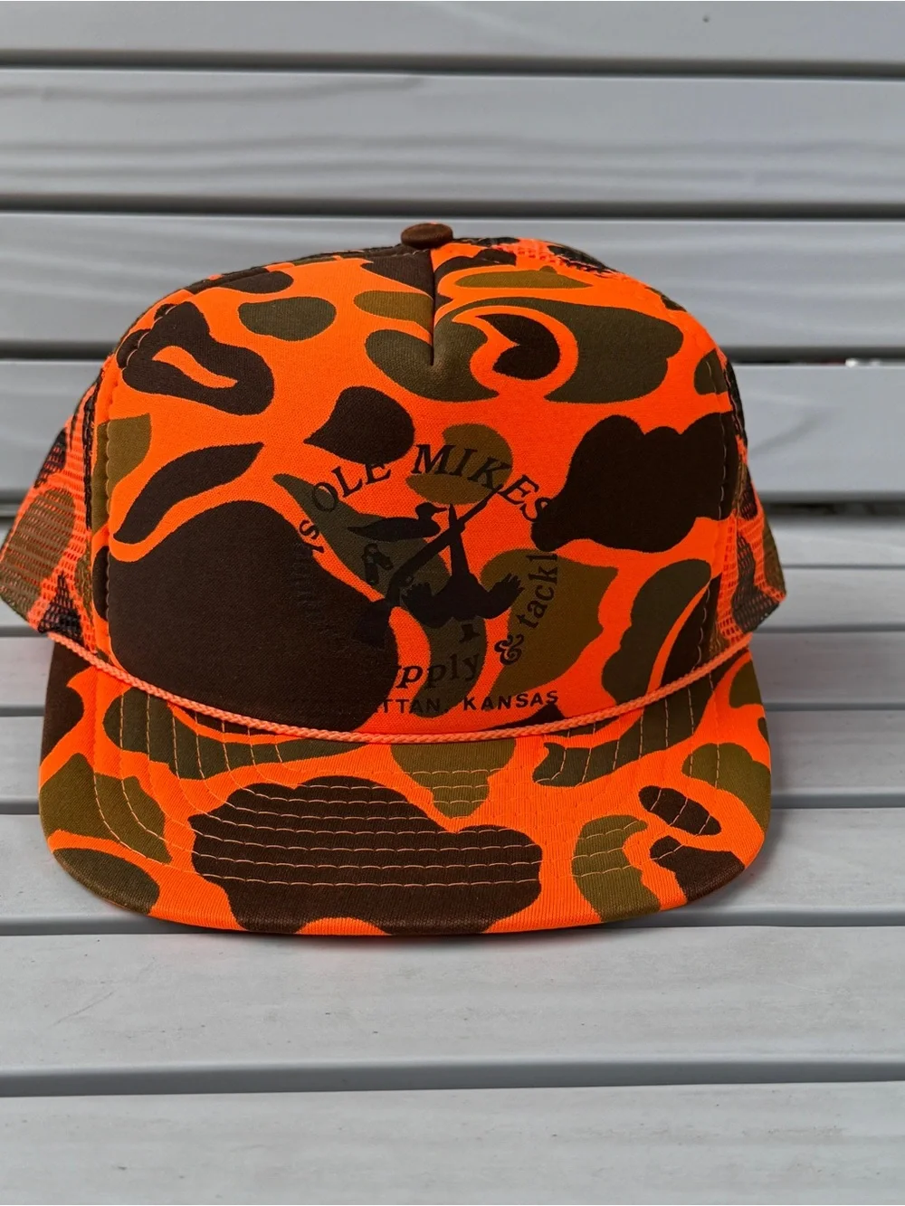 Vintage Ole Mikes Shooters Supply & Tackle Blaze Orange Camo Trucker Hat Kansas